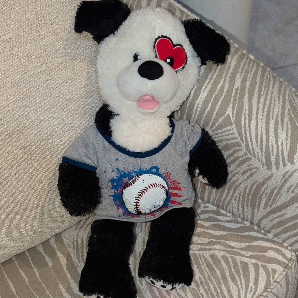 Build-A-Bear Black and White Plush Dog with Heart Eye and Baseball Shirt
